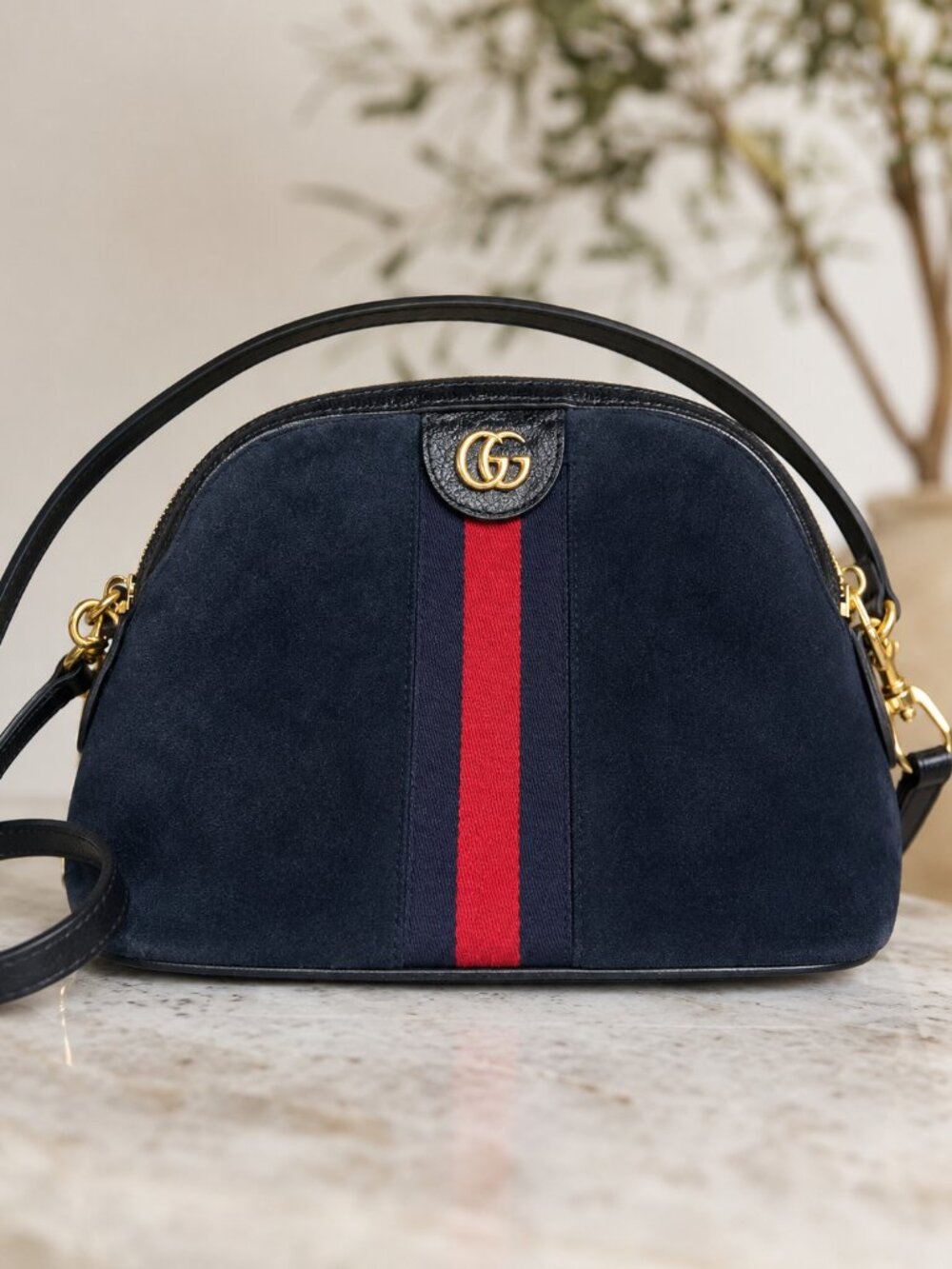 Gucci Ophidia Navy Suede Small Top Handle / Crossbody Bag